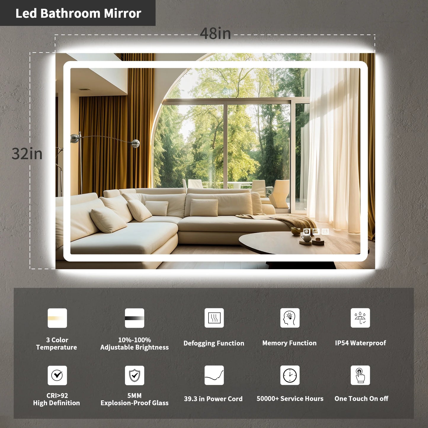 Anti-Fog Wall Mounted Lighted Vanity Mirror LED Bathroom Mirror anti Fog Waterproof, 40"X 24" Rectangle Silver
