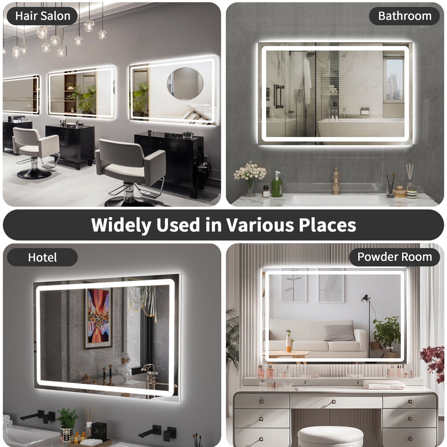 Anti-Fog Wall Mounted Lighted Vanity Mirror LED Bathroom Mirror anti Fog Waterproof, 40"X 24" Rectangle Silver