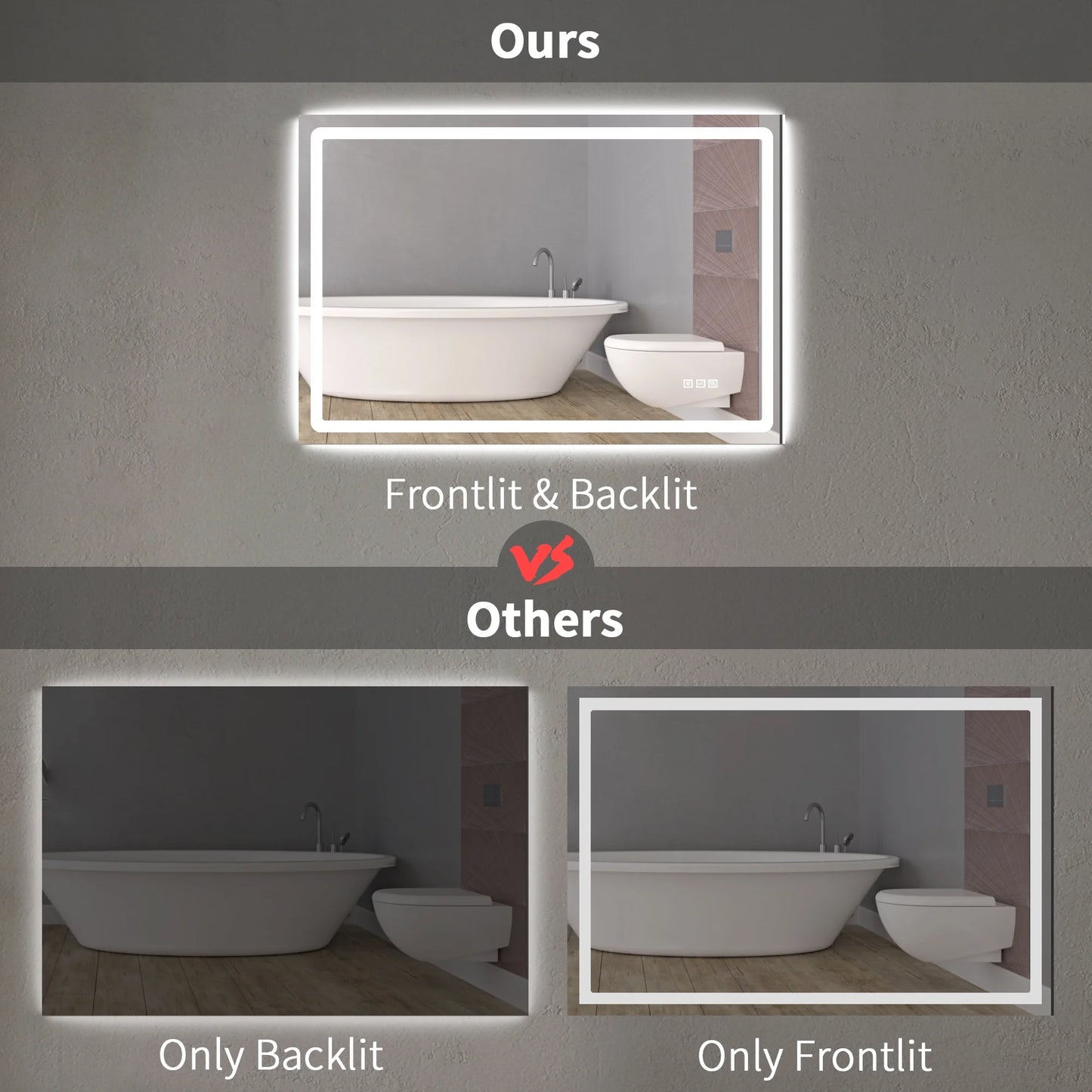 Anti-Fog Wall Mounted Lighted Vanity Mirror LED Bathroom Mirror anti Fog Waterproof, 40"X 24" Rectangle Silver