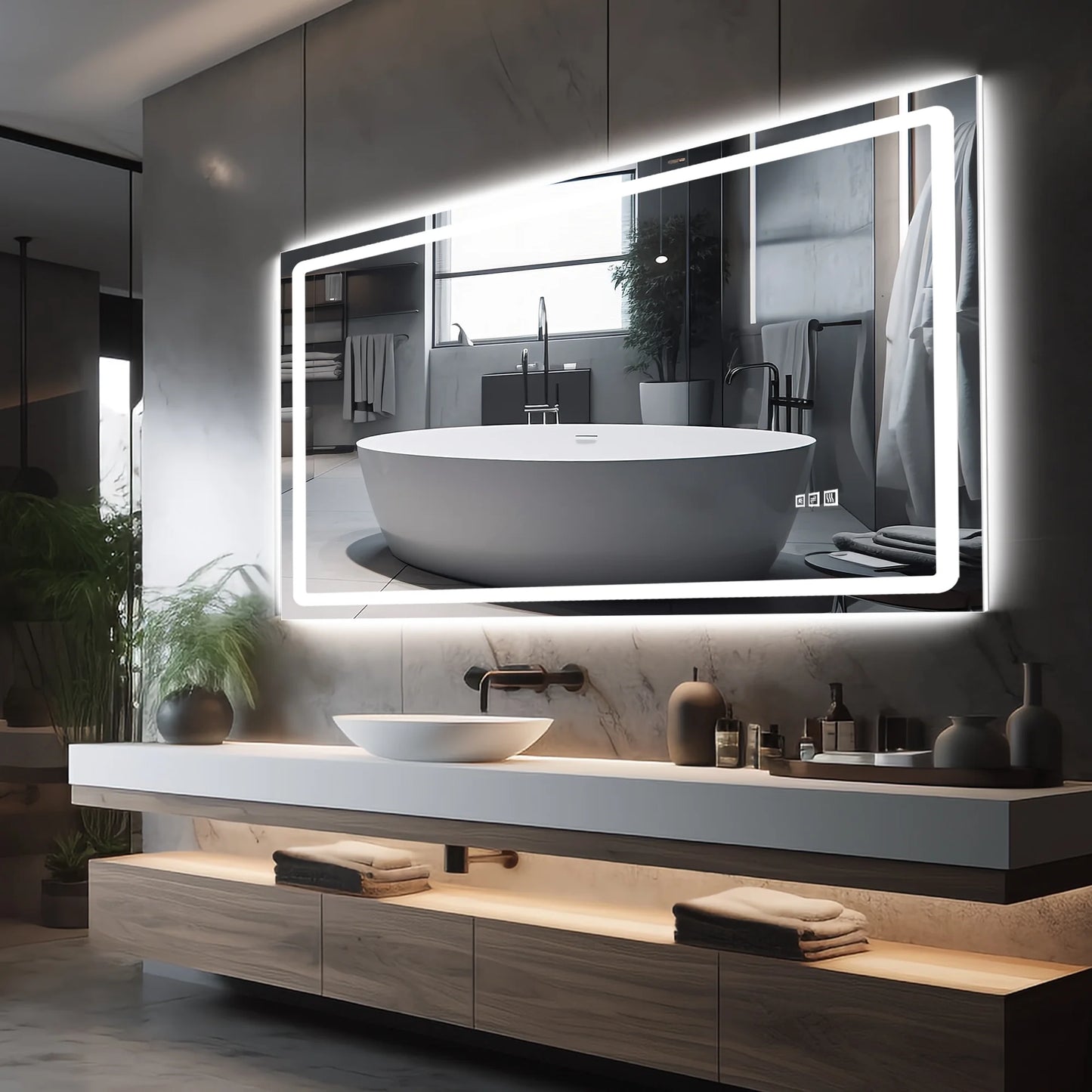 Anti-Fog Wall Mounted Lighted Vanity Mirror LED Bathroom Mirror anti Fog Waterproof, 40"X 24" Rectangle Silver