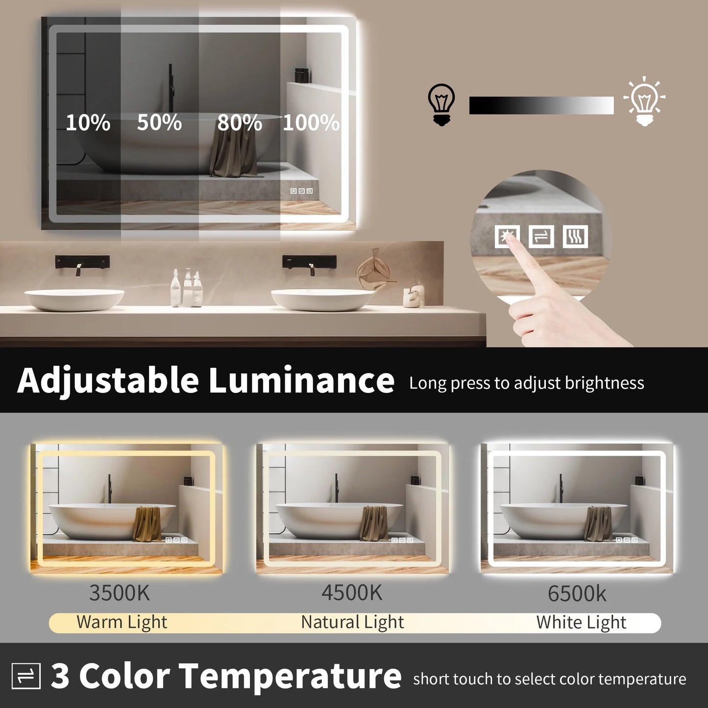 Anti-Fog Wall Mounted Lighted Vanity Mirror LED Bathroom Mirror anti Fog Waterproof, 40"X 24" Rectangle Silver
