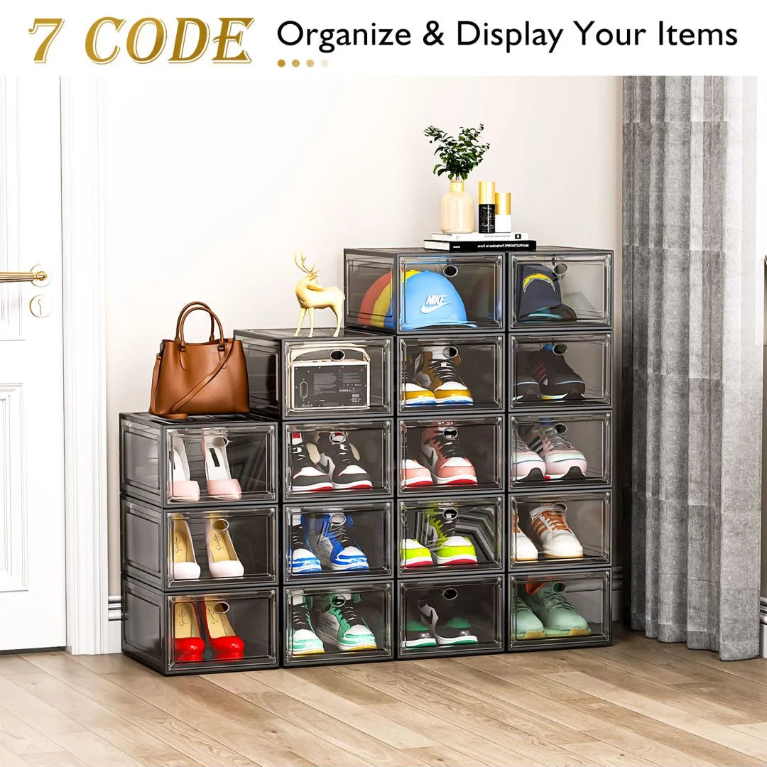 6 Pack Sturdy Shoe Storage Boxes with Magnetic Front Doors, Stackable Organizer,Black