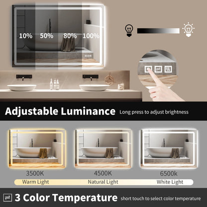 Anti-Fog Wall Mounted Lighted Vanity Mirror LED Bathroom Mirror anti Fog Waterproof, 40"X 24" Rectangle Silver